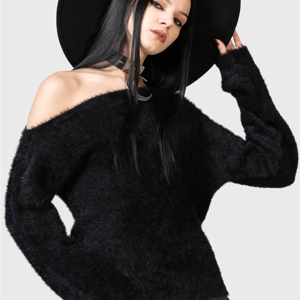 Off-Shoulder Black Fuzzy Women’s Sweater - Picture 3 of 5